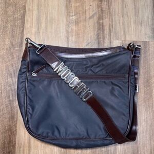 Authentic Vintage Moschino Black/Brown Nylon Hobo Bag with Metal Lettering Strap